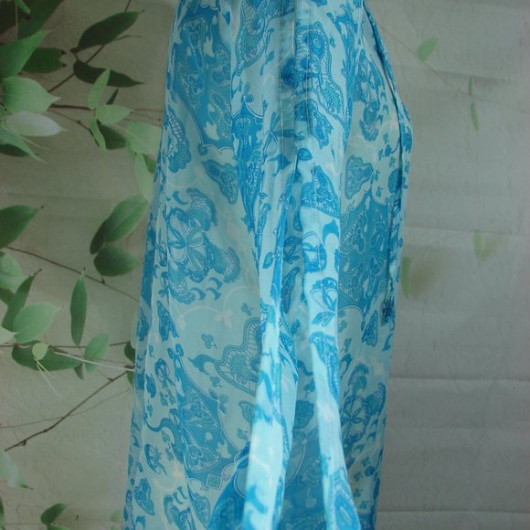Sheer Blue Tones Open Long Sleeve Boho Mehndi Style Floral Side Slit Cover Up - Picture 6 of 16